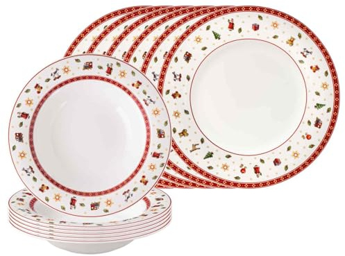 Villeroy & Boch Toy's Delight Tafelservice 12-teilig | Runde Speise- und Suppenteller für 6 Personen | Weihnachtsgeschirr, Weihnachtstellerset | Premium Porzellan | Weiß