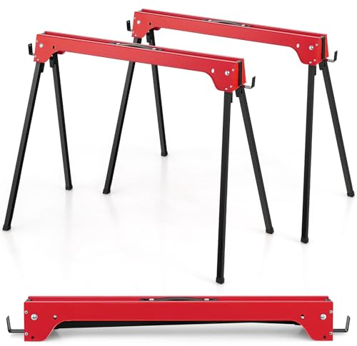 COSTWAY Folding Saw Horse Twin Pack, Heavy Duty Work Bench with 2 x 4 Support Arms & Carry Handle, Fully Assembled Trestle Stands Sawhorse, Max Load 454kg/1000kg (454kg, Red, Metal, 92x48x74cm)