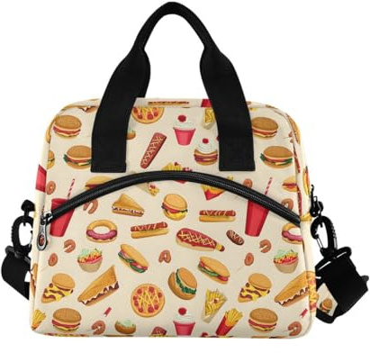 ALAZA Hamburger French Fries Hot Dog Insulated Lunch Bag Reusable Lunch Tote Bag Lunch Box with Shoulder Strap for Women Men