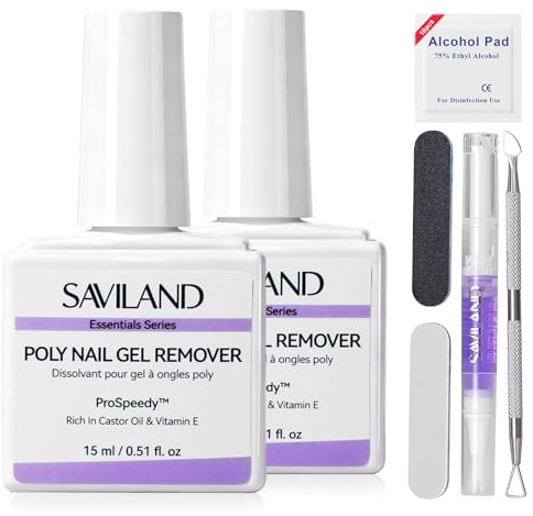 SAVILAND Poly Gel Nagellackentferner Set Einfach & Schonend 2x15ml | Gelnägel entferner, uv nagellackentferner, mit nagelfeile hautschieber nagelschaber, entfernt schnell und einfach, no aceton