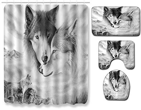 GUOCU Badezimmer Teppich Set-4 TLG,Badematten rutschfeste+Polyester Wasserdicht Antibakterielles Duschvorhang mit 12 Haken+Deckel WC Bezug+U-förmiger Matte Ozean/Wolfs Muster Badgarnitur J 50x80CM