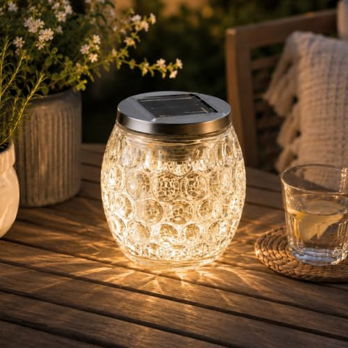 Garden Mile Solar Garden Lantern Warm White LED Dimpled Glass Jar Light, Heavy Crystal Effect Outdoor Solar Table Light with Auto On/Off Sensor, Decorative Patio Garden Lantern Waterproof
