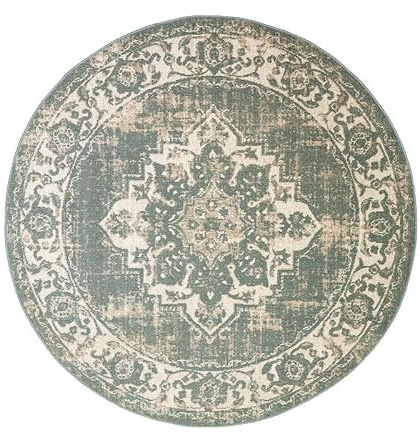Vintage Teppich Rund - Spring Medaillon Grün Creme - Ø 100 cm | Synthetik, Polypropylen - Kurzflor - Vintage - Boho, Klassik, Ländlich, Orientalisch - Wohnzimmer, Esszimmer, Schlafzimmer