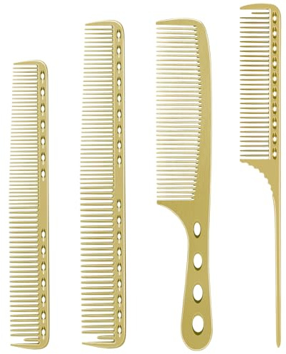 CGBARBER 4 Types Aluminum Hair Combs for Cutting Stainless Steel Hair Tail Metal Comb (Golden)