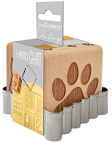 ScrapCooking - Timbro per pasticceria in legno, motivo gatto con 1 taglierino per biscotti e cubo, decorativo, con 5 facce incise in rilievo, decorazione 5124, bianco e nero