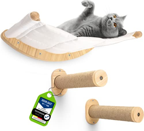 AZANO® Kletterwand Katzen | Katzenhängematte XL [Extra Stabil und Groß] mit Katzentreppe für die Wand | Katzenleiter mit Schlafplatz | Katzenbett zum Klettern aus Natur-Holz | 3-Teilig