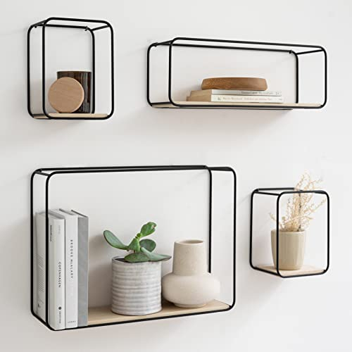 Kazai. Mensole da Muro Design -Jona- | Scaffale Metallo a 4 Parti con Impiallacciatura in Vero Legno | Decorazione della Parete, Libreria Scaffale, per Camera da Letto, Bagno, Cucina | Betulla