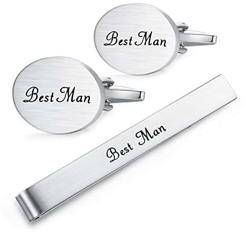 HONEY BEAR Ovales Hochzeits-Manschettenknopf-Krawattenklammer-Set für Herren-Hochzeitsgeschenk mit Box, Gebürstetes Silber, 5,4 cm (Best Man)