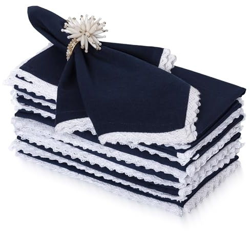 Fingercraft Tovaglioli di stoffa in misto cotone e lino, confezione da 12 pezzi, angoli smussati con elegante pizzo per uso quotidiano, i tovaglioli sono pre-ristretti e di buona assorbenza, blu navy