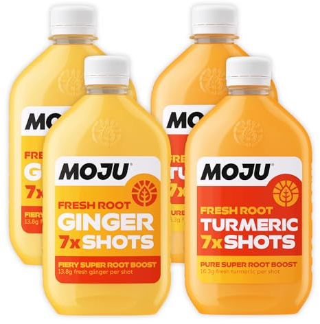 MOJU 2x Ginger, 2x Turmeric Dosing Bottles (4 x 420ml), Ginger Shots | Morning Wake Up/Afternoon Lift, Whole Ingredients, Nothing Artificial, Vegan