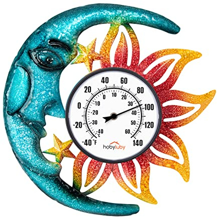 Termómetro de gran número para interiores y exteriores, decoración celestial de sol y luna, termómetro de pared para patio, exterior, interior, hogar, jardín, habitación, ventana, invernadero (15
