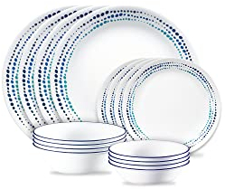 Corelle Ocean Blues 16-teilig, Service für 4, Geschirr-Set, 8 Teller, 8 Schüsseln, splitter- und bruchfest, Speiseteller und Speiseteller, Corelleware Teller, Weiß