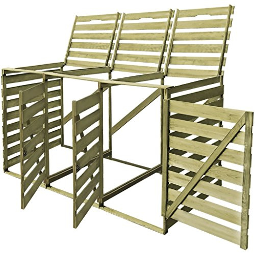 Homgoday Gartenmülleimerbox 3x240L, grün imprägniertes Kiefernholz, 218x92x120cm, für 3 Mülltonnen Model42271