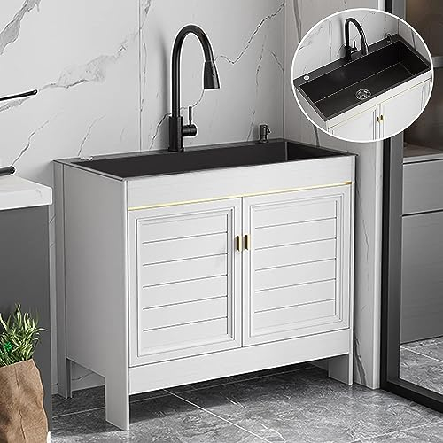 Workstation Kitchen Home Wasserfall-WaschbeckenKombination aus Küchenspüle und Schrank, Allzweck-Waschbecken mit Edelstahlbecken, Badezimmer-Waschtisch-Aluminium-Unterschrank, einz