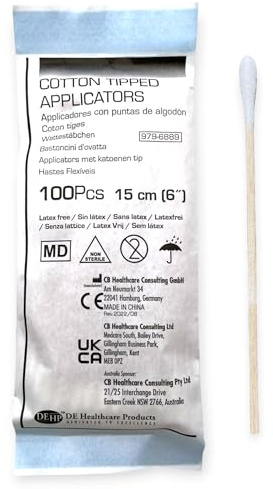 DE Healthcare Products – lange Wattestäbchen (15 cm), unsterile Watteträger, Reinigungsstäbchen aus Holz und mit Baumwolle, 100 Stück
