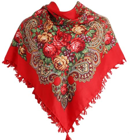 Gudessly 35 Women's Traditional Tassel Exotic Wrap Printed Scarf Pashmina Shawls and Wraps Winter Warm Soft Square Head Scarf Hair Scarves Bandana for Women (Red)