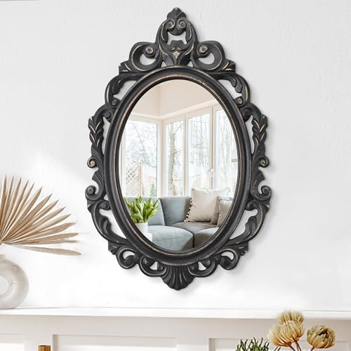 Lzuso Black Oval Wooden Frame Vintage Wall Mirror Baroque Style Arendahl Traditional Carved Hanging Mirror for Decorative Antique Aesthetic for Vanity Bedroom Living Room Kitchen Entryway