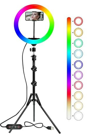 Luce Anulare RGB con Treppiede e Supporto Clip per Smartphone, Luce Dimmerabile da Selfie, 16 Colori e Modalità Flash per Truccatura Streaming in Diretta YouTube TikTok