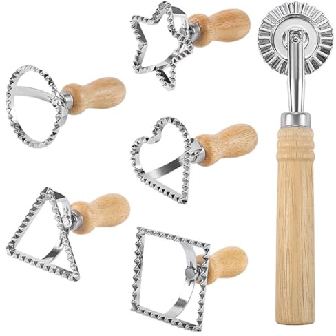 Lot de 5 moules à pâtes en alliage avec poignée en bois – Emporte-pièce rond, étoile, cœur, triangle cannelé pour raviolis