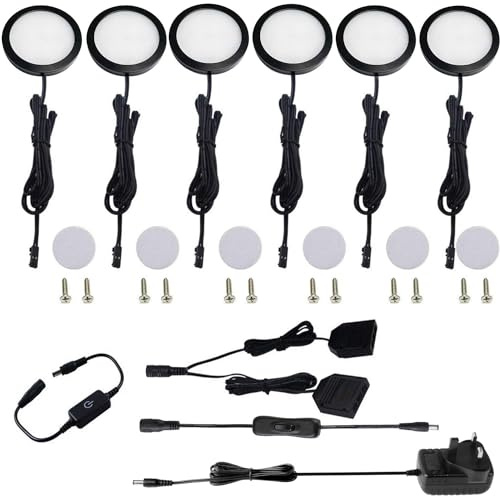 AIBOO Under Cabinet LED Black Cover Puck Lighting Kit with Touch Dimmer Switch for Kitchen Cupboard Closet Lighting (6 Lights,Daylight White)