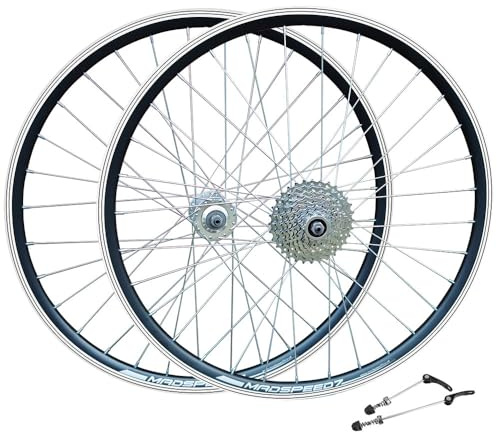 Madspeed7 QR 26 (ETRTO 559x19) Mountain MTB Bike Wheel Set + 9 Speed Freewheel (11-32t) – Rim & Disc Brake Compatible – Sealed Bearings Hubs (Very Smooth Hubs) – Double Wall – 32x Silver Spokes