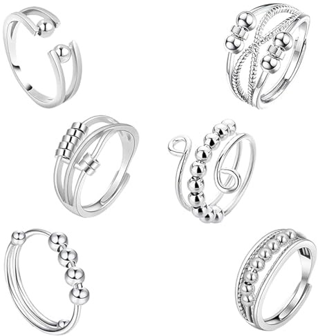 6PCS Sterling Silver Plated Anxiety Rings - Adjustable Stress Relief Fidget Spinner Rings