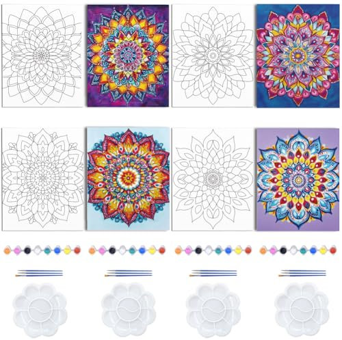 WEBEEDY Vorgezeichnetes Leinwandbild, Mandala-Leinwand-Malset, Retro-Blumenmuster, vorgedruckte Leinwand für Erwachsene, 20 x 25 cm, Set zum Malen mit Bild zum Malen, 20 x 25 cm, 4 Stück