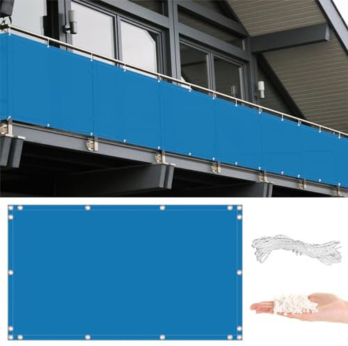 Balkon Sichtschutz 0,75m x 6m Gartenzaun Sichtschutz zum Schutz vor neugierigen Blicken Schattierungsnetz mit Seil und Aluminiumösen Himmelblau ideal für Mauer Garten und Hof