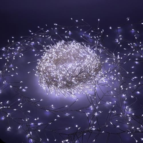 Luccika Cluster Catena Luminosa Natalizia, Luci Micro LED a Grappolo, 8 modalità di Giochi, Interno Esterno, Lucine Decorative per Albero, Natale (Bianco Ghiaccio - Cavo Silver, 20 Metri - 2000 LED)
