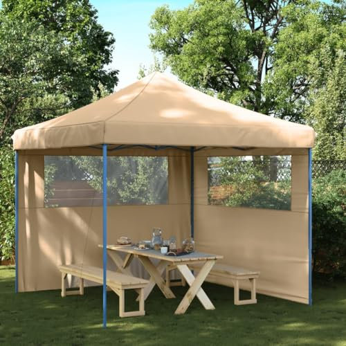 Homgoday Folding Party Tent Pop-Up with 2 Side Walls Beige, Folding Gazebo Tent, Garden Gazebo, Gazebo Garden Pavilion for Camping, Parties, Weddings, Outdoor, Beach Pergola