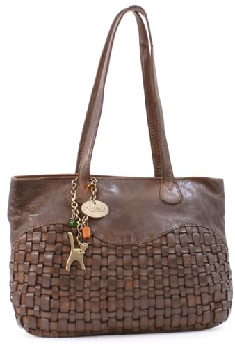Catwalk Collection Handbags - Borsa a Spalla in Pelle Intrecciata - Tote Bag Media da Donna - Borsa a Mano con Tasche Multiple - Matilda - Marrone