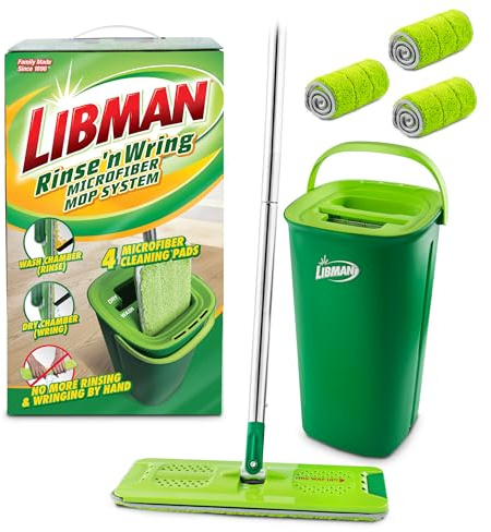 Libman Rinse 'n Wring Mop and Bucket System | Microfiber golvmopp | lövträgolvsrengörare | våt och torr mopp | Rengör och smutsiga vattenkammare | kraftblad | totalt 4 mikrofiberkuddar
