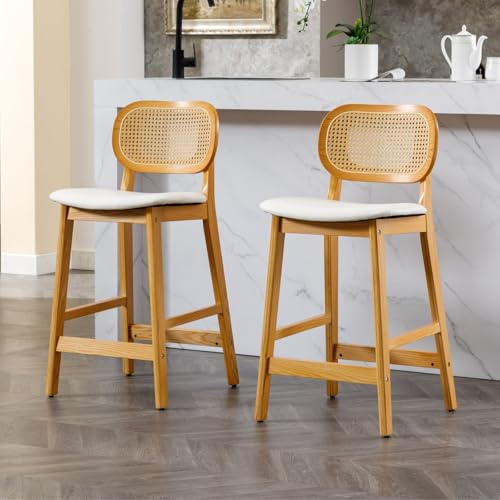 Ya-Home Barhocker 2er Set, Barstuhl aus Holz, mit Rattan-Rücklehne, Weiß | gepolstert Bistrohocker aus Kunstleder, Tresenhocker Küchenhocker Bar Stools für Küche/Esszimmer