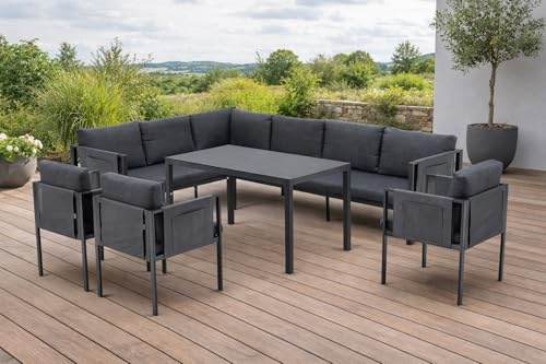 Gardissimo Sorrent Dining Eck Lounge Set mit Ecksofa, Esstisch, 3 Sesseln | wetterfest bis 10 Personen, Bezüge waschbar, mit Kissen, Gartenlounge