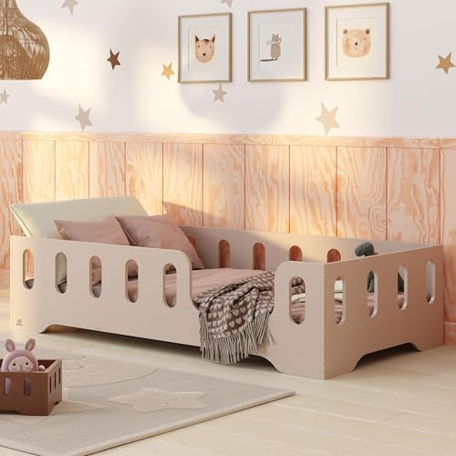 smartwood Bodenbett 80x160 cm mit Rausfallschutz, Holz, Kaschmir, TILA 2P | Montessori Kinderbett, Lattenrost belastbar bis 230 kg, FSC-Zertifikat, abgerundete Kanten, Einfache Montage, ab 3 Jahren