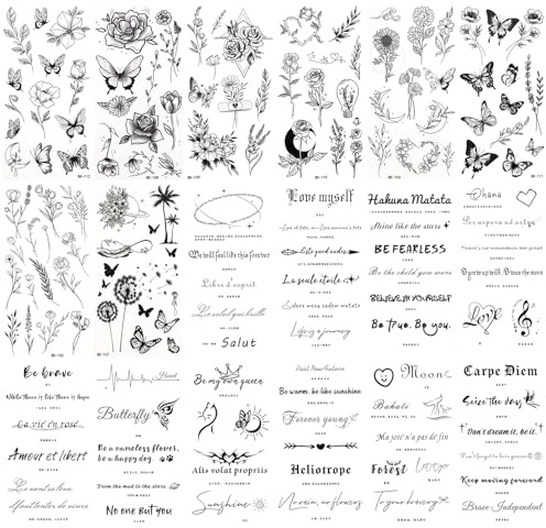HOWAF 18 Hojas Tatuajes Temporales Adultos, 10 Piezas Tatuajes Inspiradores, 8 Piezas Tatuajes Flores, Impermeables Tatoos Temporales para Mujer