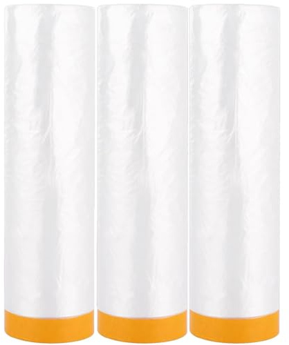 miaomiao Abdeckfolie mit Klebeband, 3 rolls Abklebeband mit Folie 180CM x 20M, Selbstklebende Abdeckfolie Maler, Transparent Abdeckfolie mit Gewebeklebeband