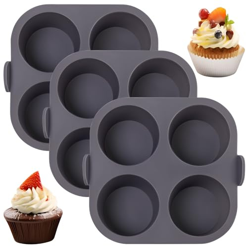 Butabeishy Lot de 3 moules à muffins en silicone pour friteuse à air chaud, 4 cavités par moule, antiadhésif, pour cupcakes, desserts et puddings, passent au lave-vaisselle, 17,5 x 16,5 cm, gris