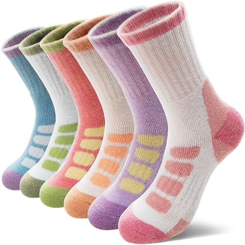 MOSEY KOSY 6 Pairs Kids Merino Wool Walking Hiking Socks Boys Girls Toddlers Winter Thermal Thick Warm Cushion Crew Boot Socks(Light Checkered,8-12 Years)