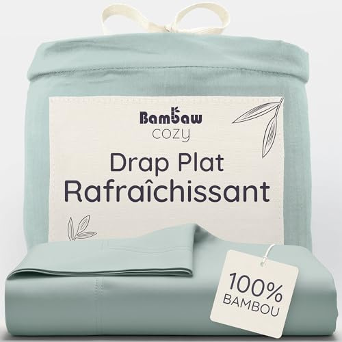 Bambaw Drap Plat 2 Personnes Bambou 240x290 cm, Linge de Lit Bambou Anti Acariens et Hypoallergénique, Drap Eté et Hiver Thermorégulateur, Certifié Oeko-Tex (Vert d’Eau)