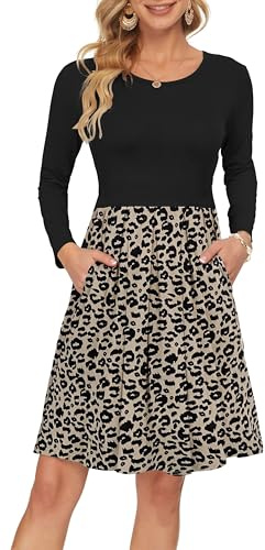 AUSELILY Women's Long Sleeve Dress Knee-Length | Winter Dress for Women uk, Round Neck,Flattering Pleated Swing Hem,Casual Dress with Pockets,daily wear,Polyester+Spandex