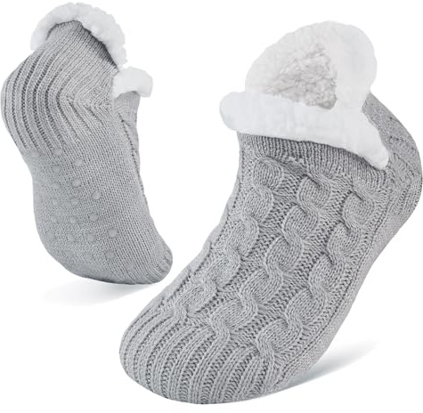 Niorasen Fluffy Slipper Socks Women Men, Winter Gift for Her, Warm Bed Socks with Grippers, Thick Cosy Non-Slip Sock, Ladies Women Girls Gifts for Christmas, UK 4-9, Grey