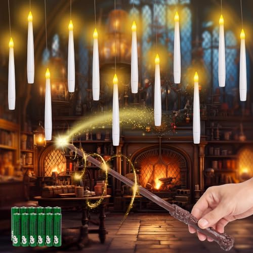 HAUSPROFI Schwebende Kerzen 12 Stück mit Batterien, Fliegende LED Kerzen mit Zauberstab Fernbedienung, Floating Candles, Warmes Licht Flackernde Hängende Kerzen für Weihnachten Halloween Party