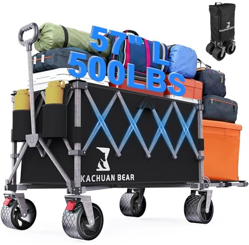 57 L Large Collapsible Foldable Wagon with Tailgate & Brake, 500LBS Heavy Duty Beach Wagons with All-Terrain Big Wheels, 300L Folding Utility Cart for Sand Garden Shopping Groceries Sports (Black)