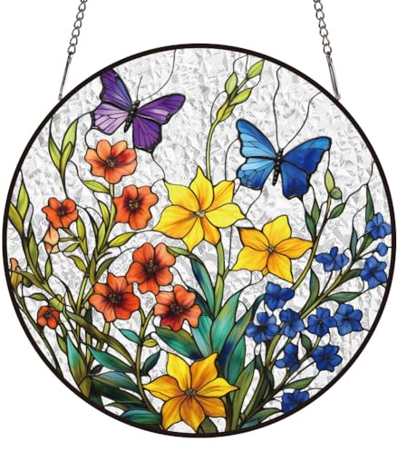 SUPERDANT Vetrata Colorata a Grappolo Fiorito con Farfalle Decorazione Rotonda Cattura Sole in Vetro Dipinto per Finestre Giardino Balcone Regalo Artigianale per Donne 16x16 cm