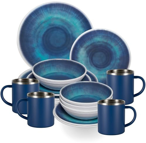 Melamin Geschirr Set Jesolo Blau für 4 Personen 16 Teile mit Edelstahl Thermo Tassen Steingutoptik Spülmaschinengeeignet Essgeschirr Campingzubehör Campinggeschirr Wohnwagen Camping Festival Picknick