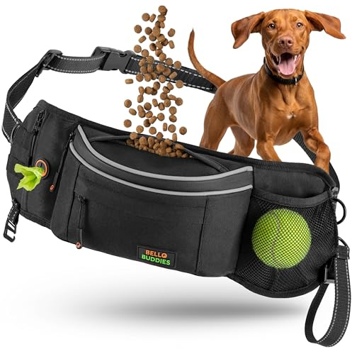 Bello Buddies ® Leckerlitasche für Hunde I Bauchtasche mit Schnellzugriff inkl. wechselbarer Innentasche & Leinenhalter I Futterbeutel Hundetraining I Gassi Tasche Hund I Futterbeutel Hund Schwarz