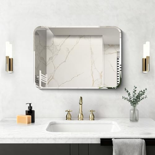 NIMURY Rechteckiger Wandspiegel, 60x45 cm rahmenloser Spiegel mit abgerundeten Ecken und geschnittenem Rand, für Badezimmer, Schlafzimmer und Wohnzimmer, horizontal und vertikal montierbar