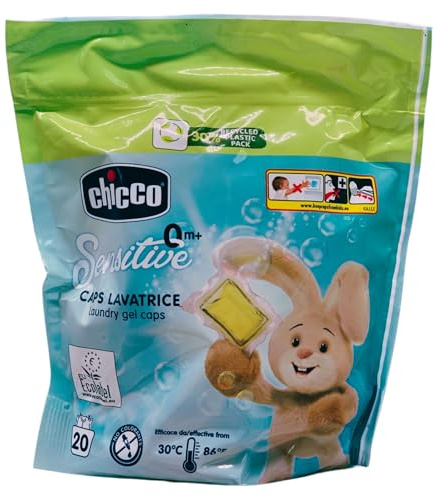 Detersivo Lavatrice in Capsule SENSITIVE 0m+. Rimuove Macchie e Odori, Per Lavaggi a Mano e In Lavatrice a Basse e Alte Temperature, Ipoallergenico. Confezione Da 20 Capsule (Unità)