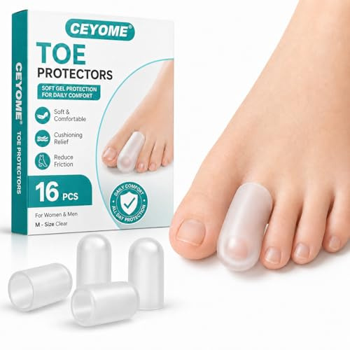 CEYOME Toe Protectors for Women & Men - 16 Pcs Gel Toe Protectors, Silicone Sleeves for Daily Comfort, Reducing Pain, Friction, Corns & Blisters When Walking or Long Standing (M - Size Clear)
